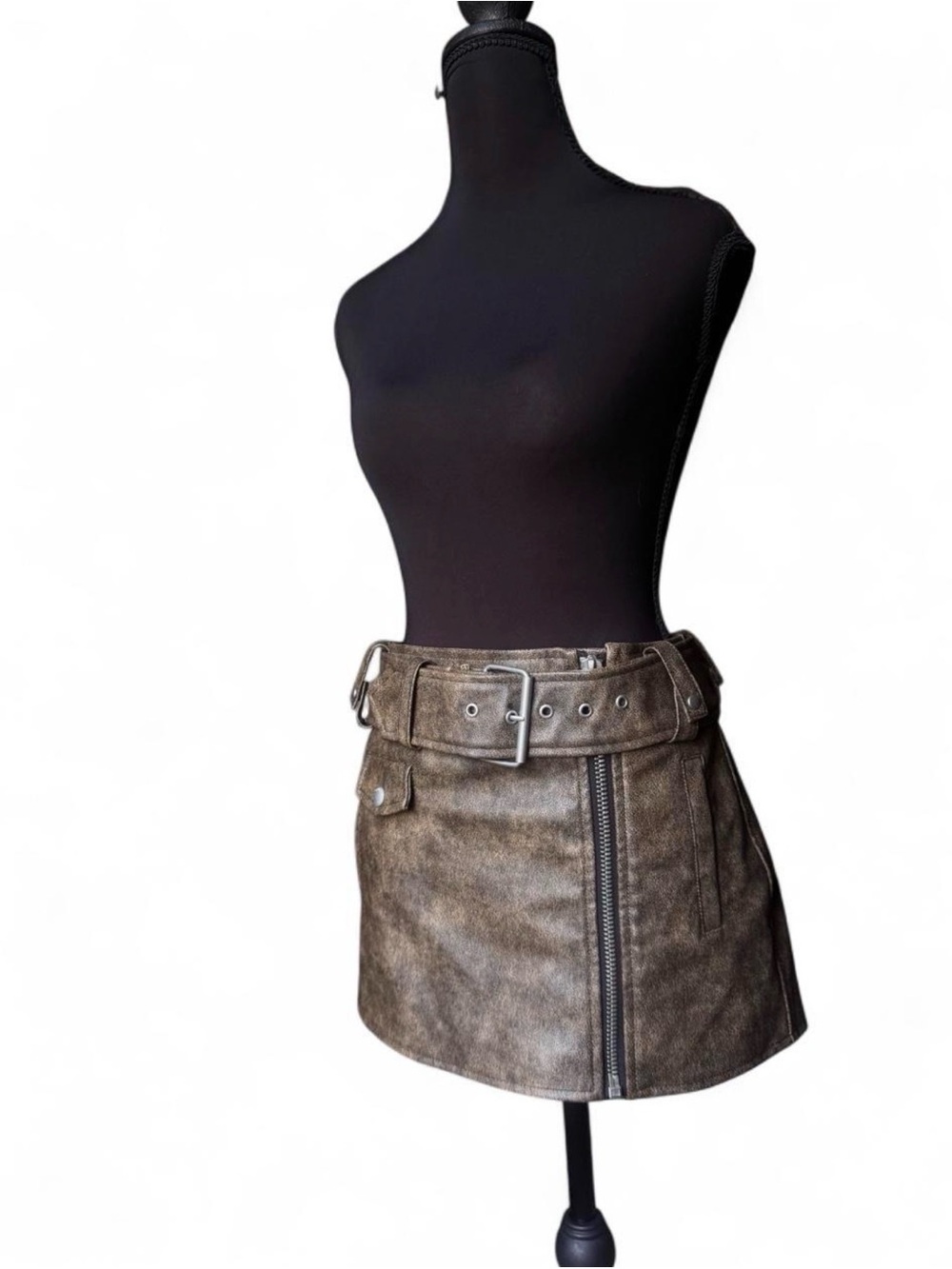 Blank NYC Distressed Brown Faux Leather Belted Mini Skirt